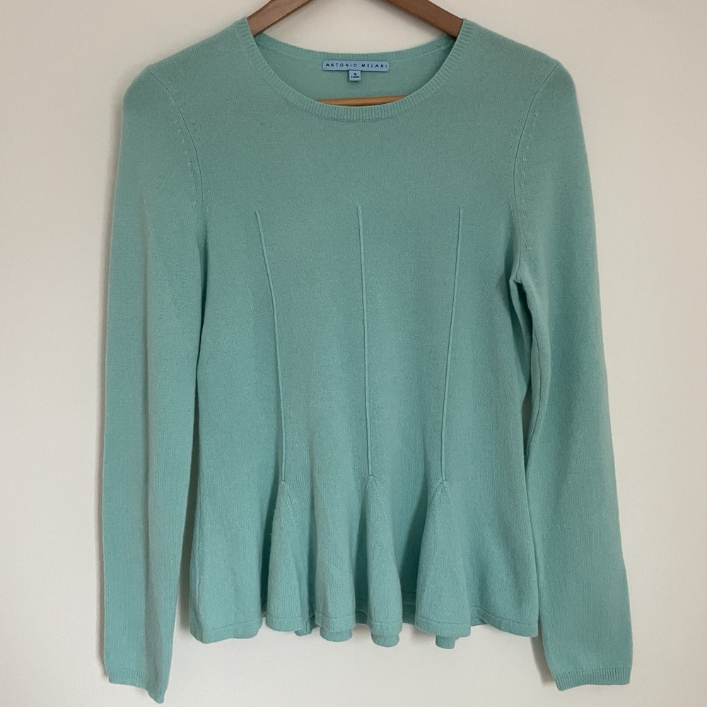 100% Cashmere Antonio Melani Sweater Aqua Peplum Hem Small Career Quite Luxury - Picture 3 of 16
